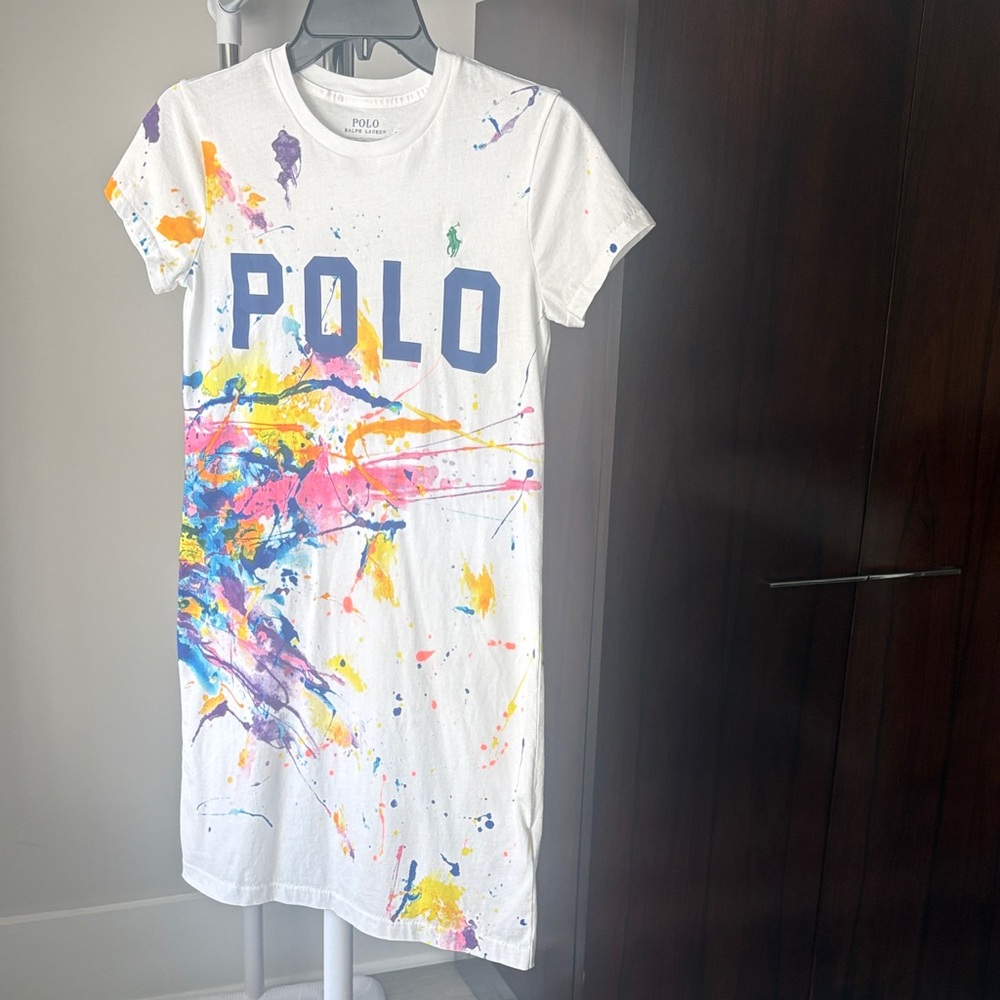 Polo by Ralph Lauren White Tee Dress with Multicolor Paint-Splash
